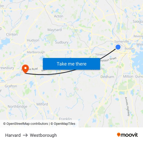 Harvard to Westborough map