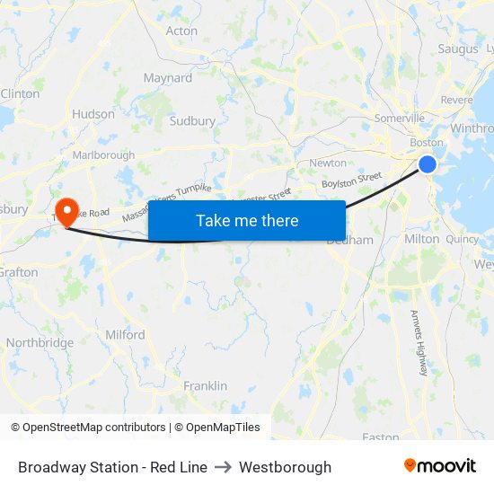 Broadway Station - Red Line to Westborough map