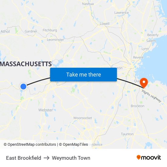 East Brookfield to Weymouth Town map