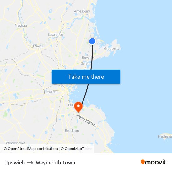 Ipswich to Weymouth Town map