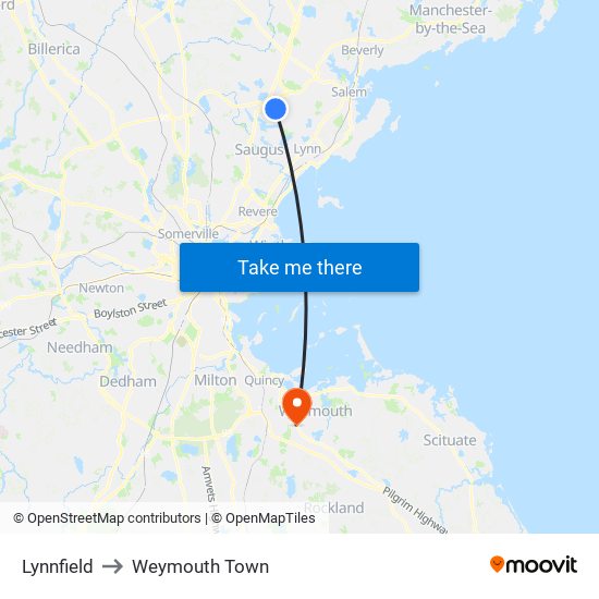 Lynnfield to Weymouth Town map