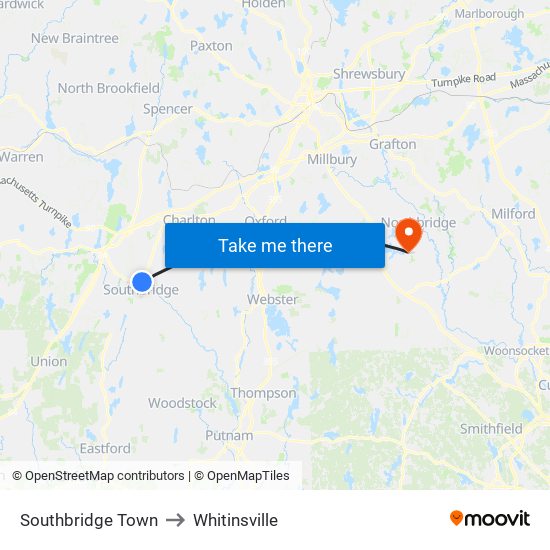 Southbridge Town to Whitinsville map