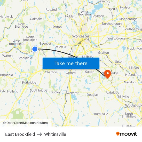 East Brookfield to Whitinsville map