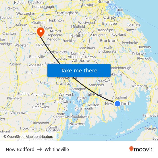 New Bedford to Whitinsville map