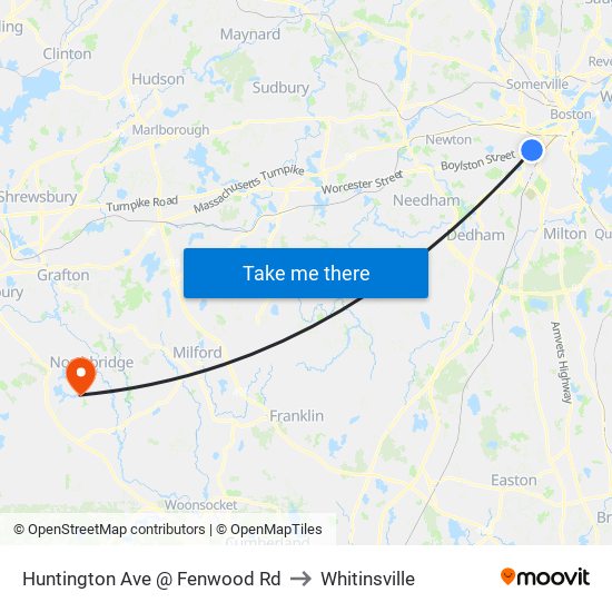 Huntington Ave @ Fenwood Rd to Whitinsville map