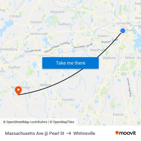 Massachusetts Ave @ Pearl St to Whitinsville map