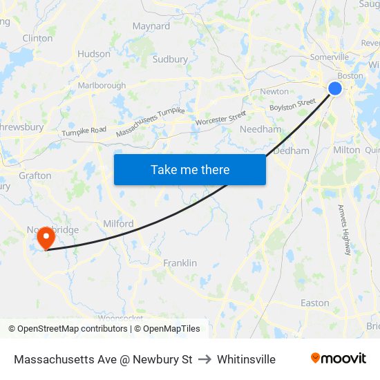 Massachusetts Ave @ Newbury St to Whitinsville map