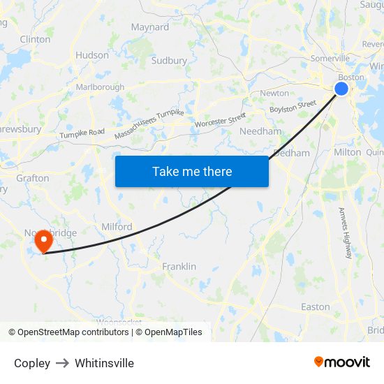 Copley to Whitinsville map