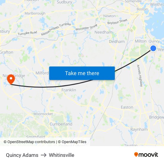 Quincy Adams to Whitinsville map