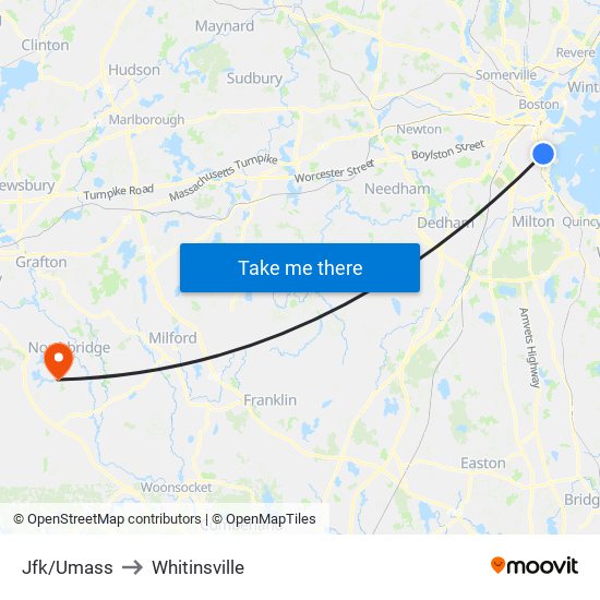 Jfk/Umass to Whitinsville map