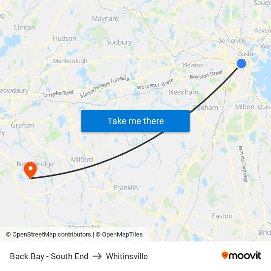 Back Bay - South End to Whitinsville map