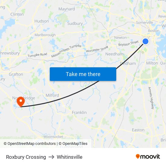 Roxbury Crossing to Whitinsville map