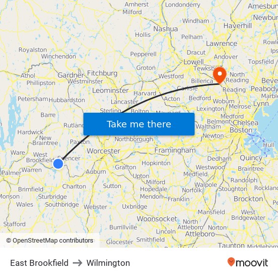 East Brookfield to Wilmington map