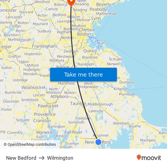 New Bedford to Wilmington map