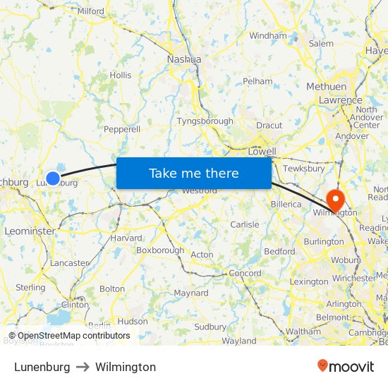 Lunenburg to Wilmington map