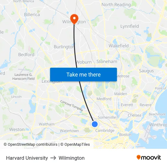 Harvard University to Wilmington map