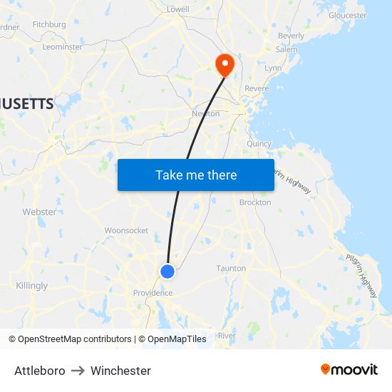 Attleboro to Winchester map