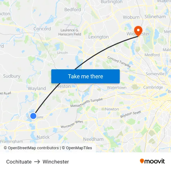 Cochituate to Winchester map
