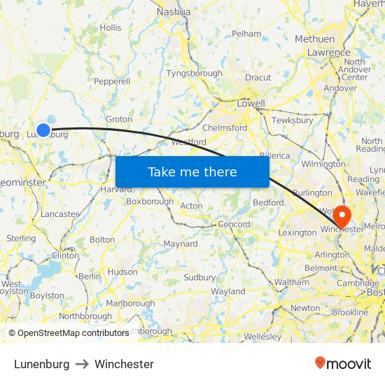 Lunenburg to Winchester map