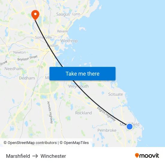 Marshfield to Winchester map