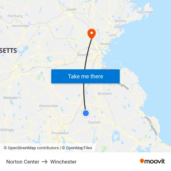 Norton Center to Winchester map