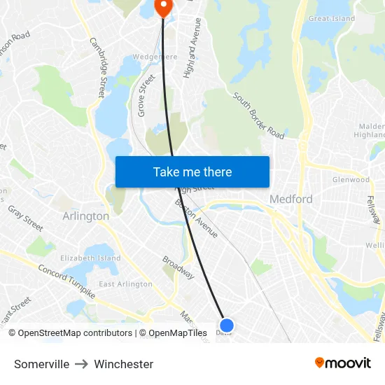Somerville to Winchester map