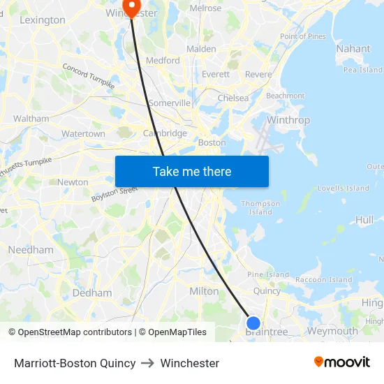 Marriott-Boston Quincy to Winchester map