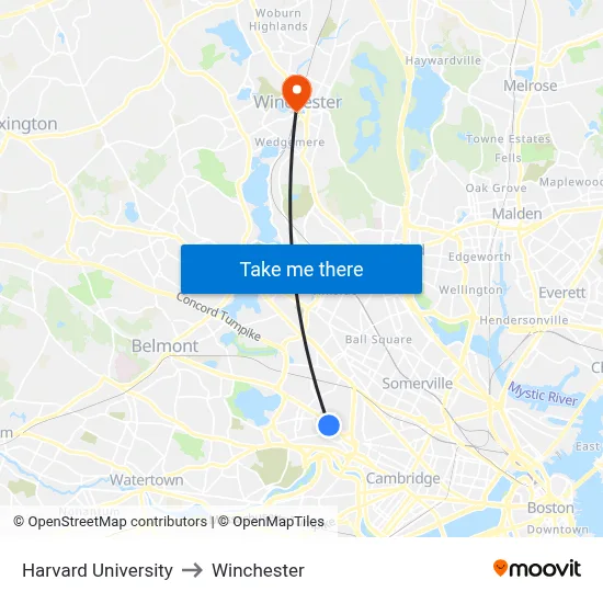 Harvard University to Winchester map