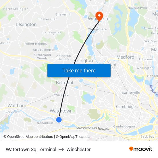 Watertown Sq Terminal to Winchester map