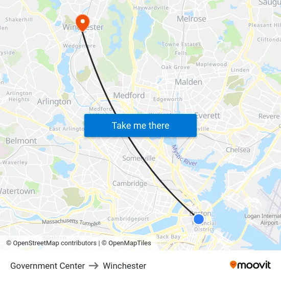 Government Center to Winchester map
