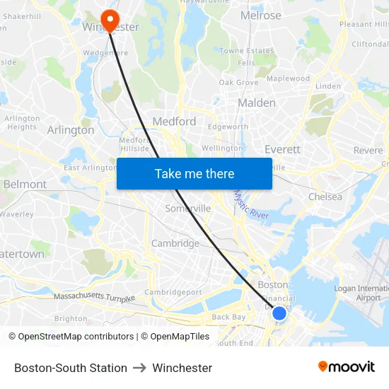 Boston-South Station to Winchester map