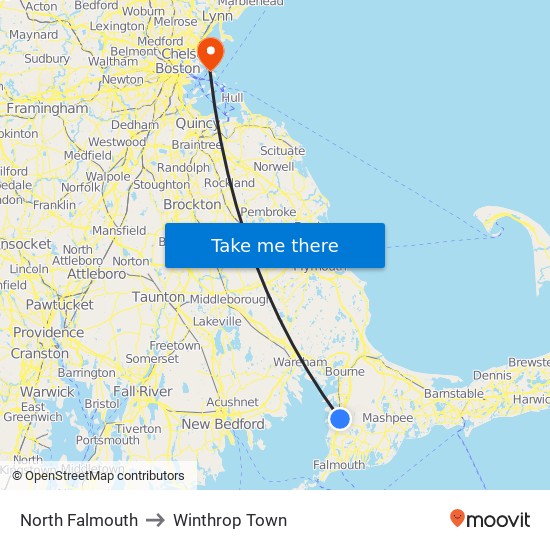 North Falmouth to Winthrop Town map