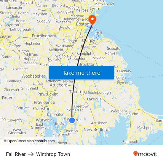 Fall River to Winthrop Town map