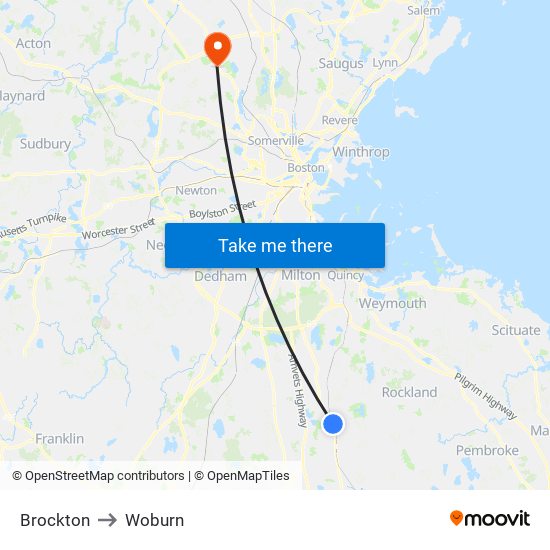 Brockton to Woburn map