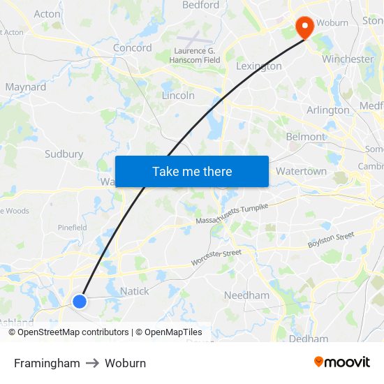 Framingham to Woburn map