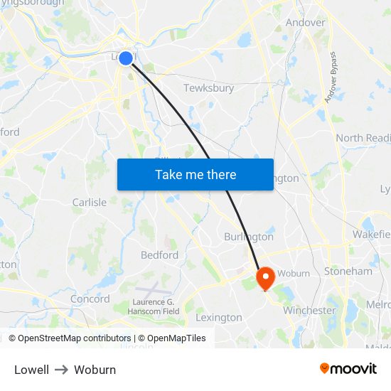 Lowell to Woburn map