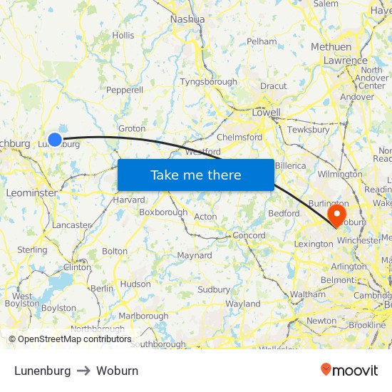 Lunenburg to Woburn map