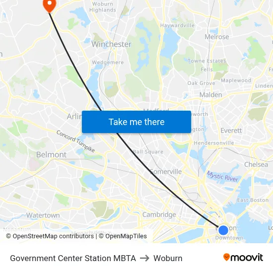 Government Center Station MBTA to Woburn map