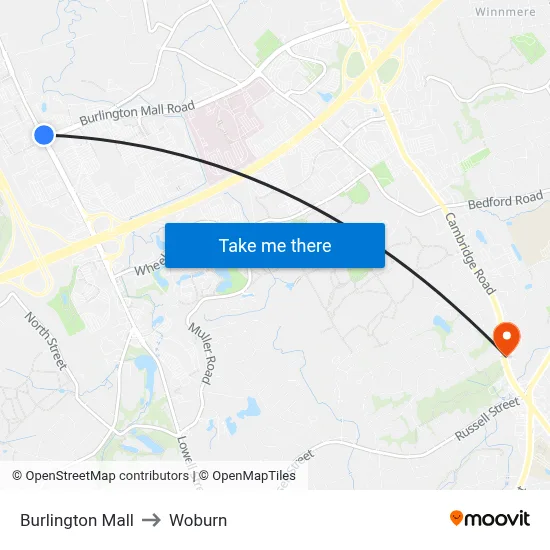 Burlington Mall to Woburn map