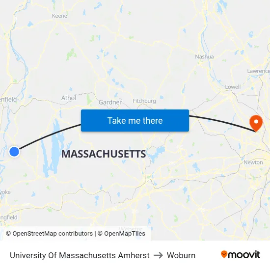 University Of Massachusetts Amherst to Woburn map
