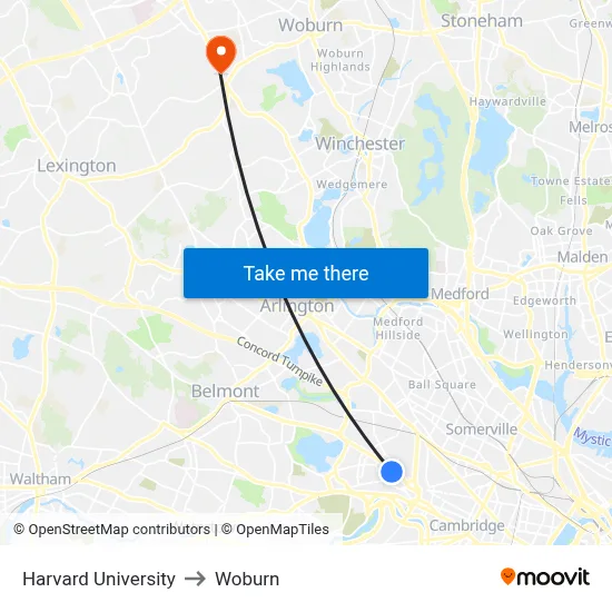 Harvard University to Woburn map
