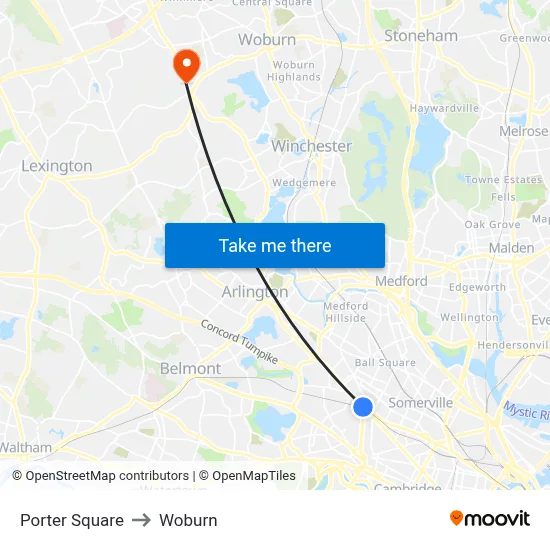 Porter Square to Woburn map