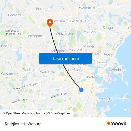 Ruggles to Woburn map