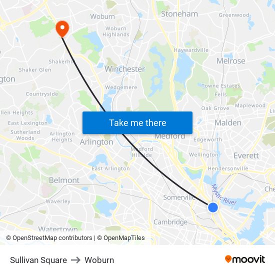 Sullivan Square to Woburn map