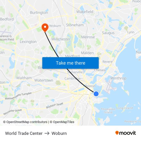 World Trade Center to Woburn map
