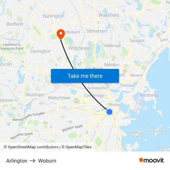 Arlington to Woburn map