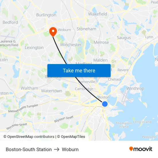 Boston-South Station to Woburn map
