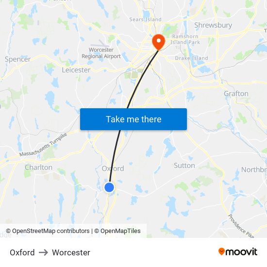 Oxford to Worcester map