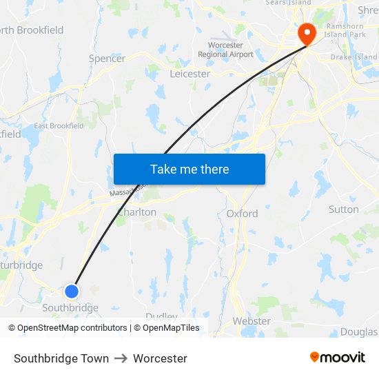 Southbridge Town to Worcester map
