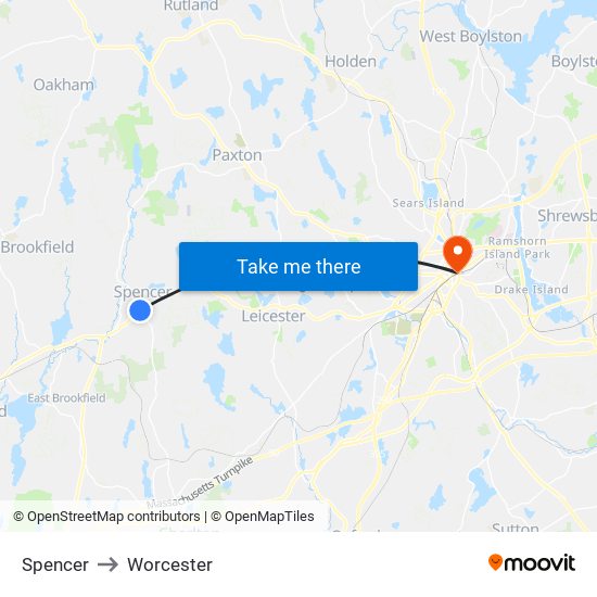 Spencer to Worcester map